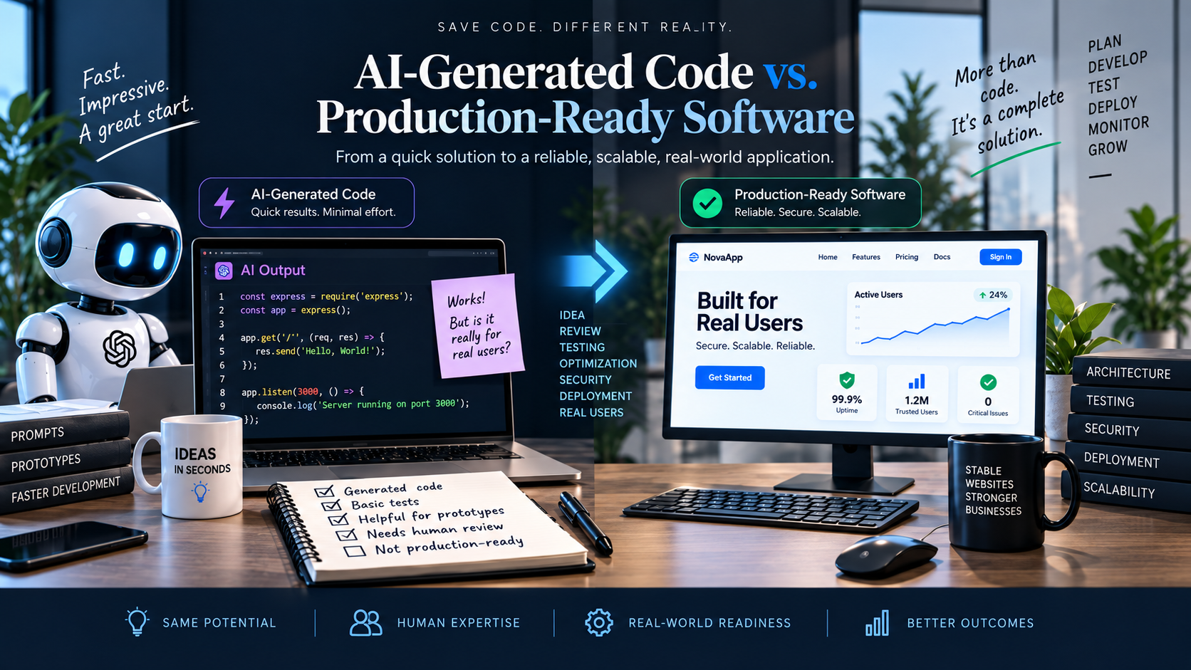 Comparison: AI-Generated Code vs. Production-Ready Software Reality
