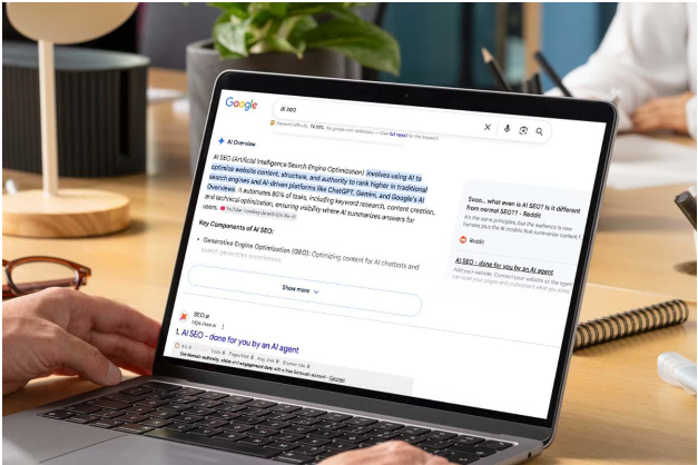 AI Search Optimization and Google AI Overviews on Laptop
