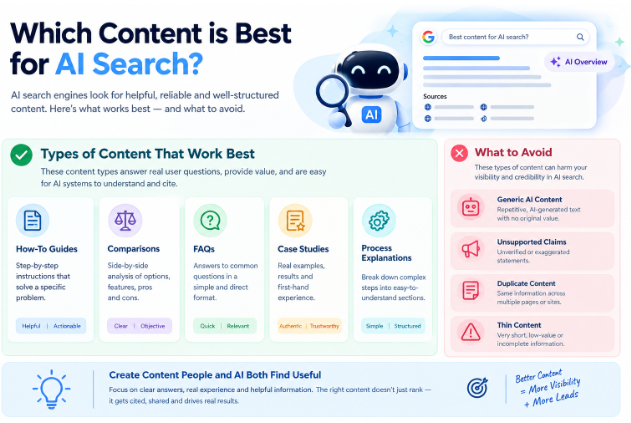Which Content is Best for AI Search Types that Work Best vs What to Avoid Infographic