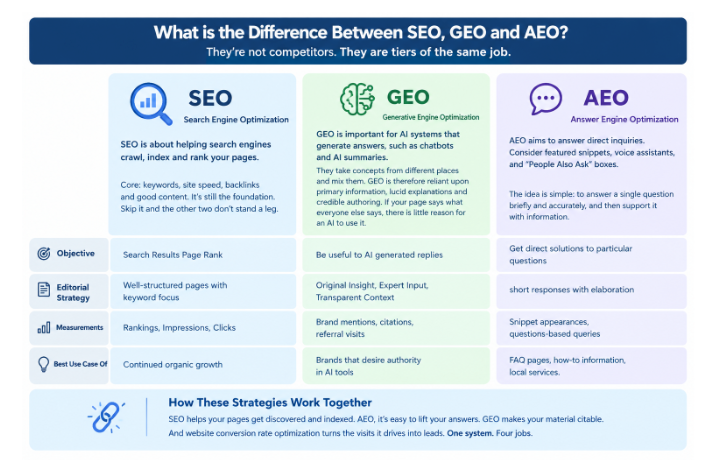 What is the Difference Between SEO, GEO and AEO Infographic Table