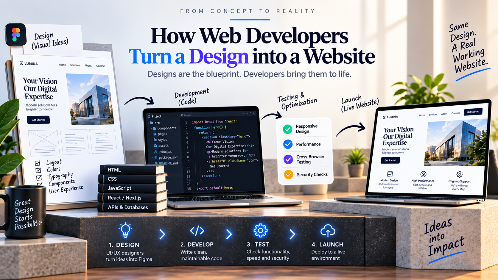 Process of How Web Developers Turn a Design into a Website from Figma to Code to Launch